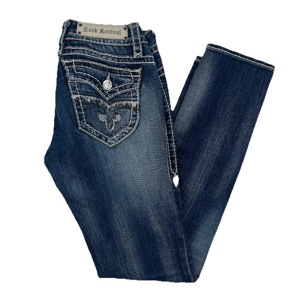 Rock Revival Jen Embroidered Embellished Skinny Jeans Womens Size 28 Sequins